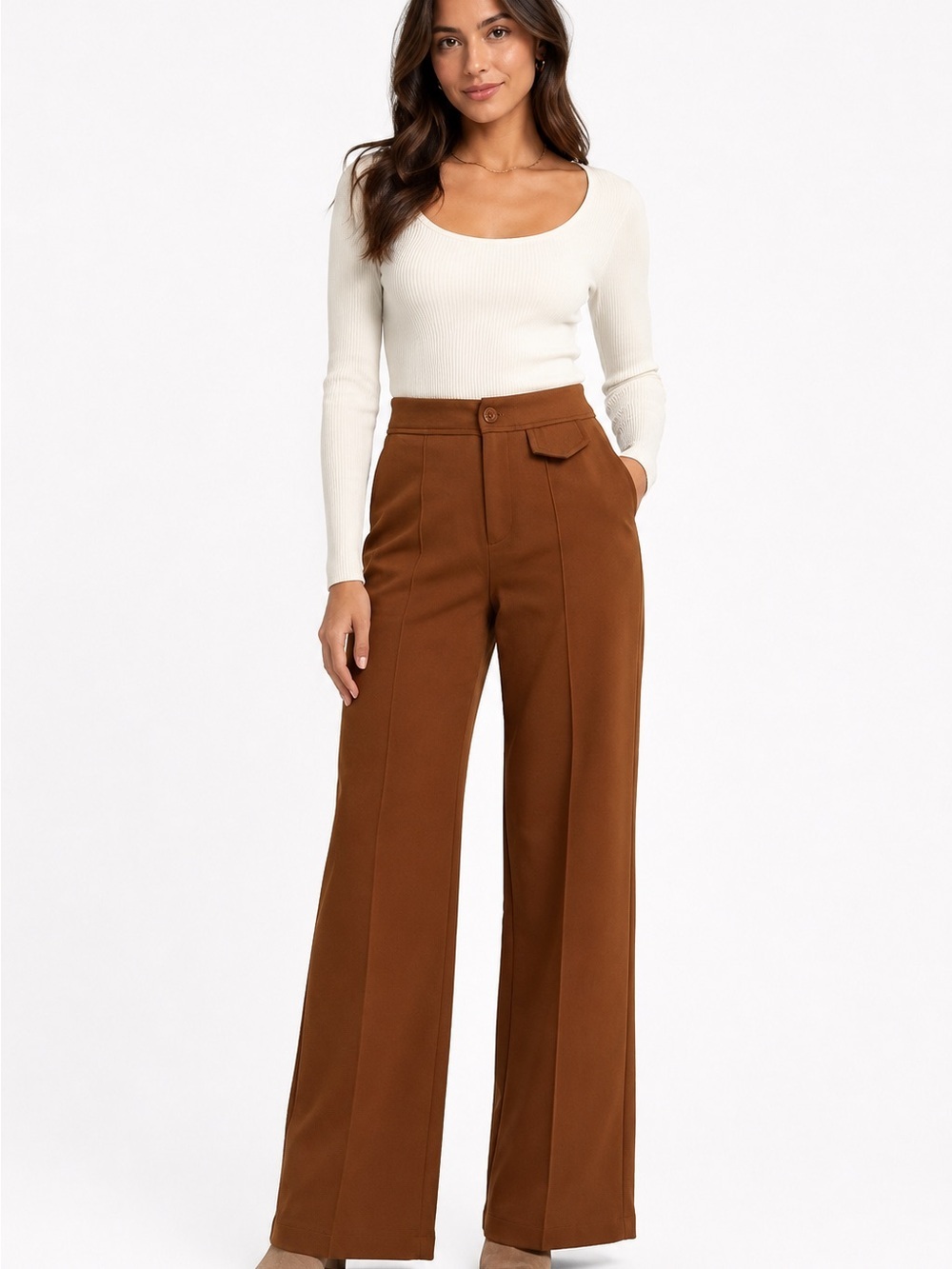 Chic Cocoa Brown High-Waisted Wide-Leg Pants – Size Small